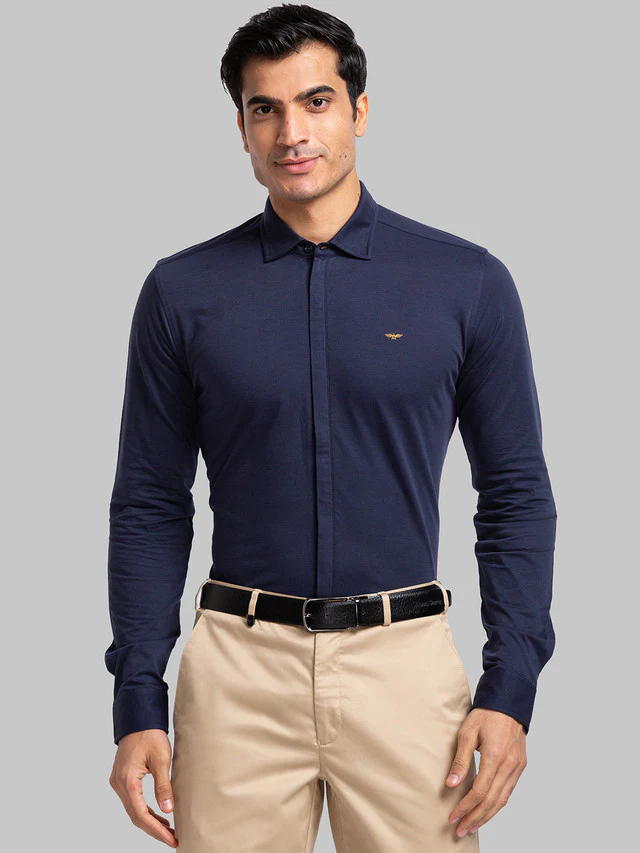 Park Avenue Men Blue Solid Slim Fit Full Sleeve Narrow Collar Shirt