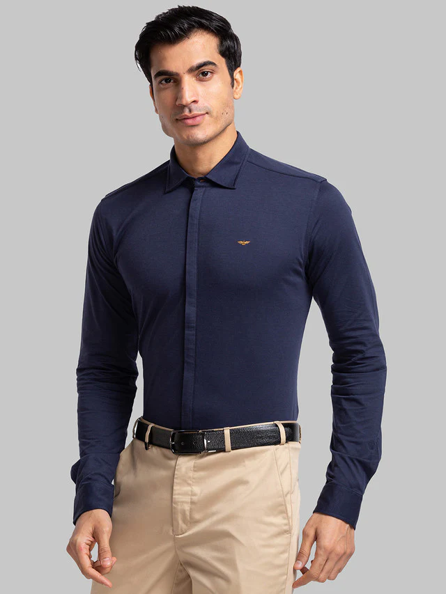 Park Avenue Men Blue Solid Slim Fit Full Sleeve Narrow Collar Shirt - Image 3