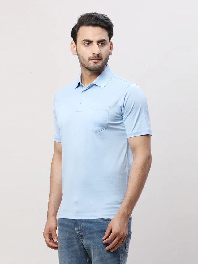 Park Avenue Men Blue Solid Slim Fit Half Sleeve Polo Neck T-Shirt - Image 3