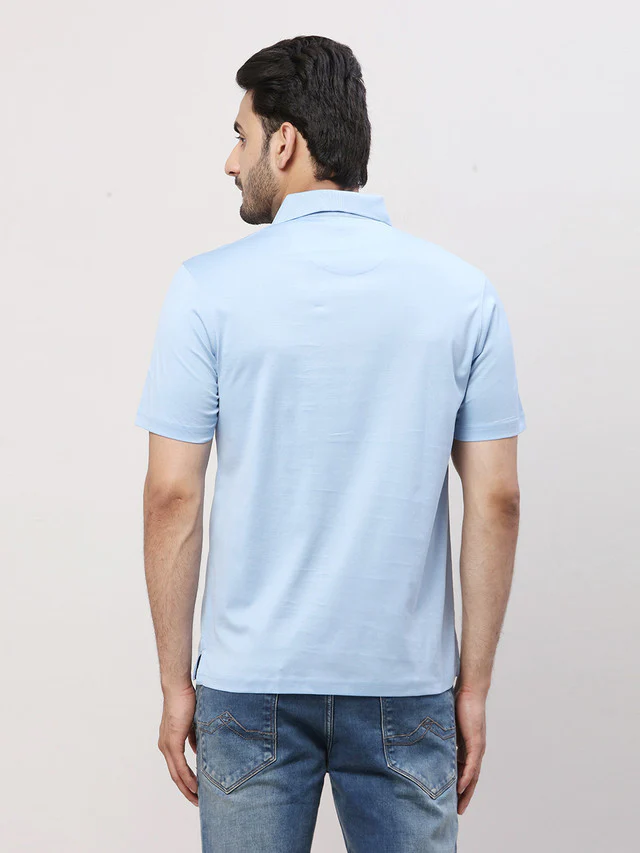 Park Avenue Men Blue Solid Slim Fit Half Sleeve Polo Neck T-Shirt - Image 4