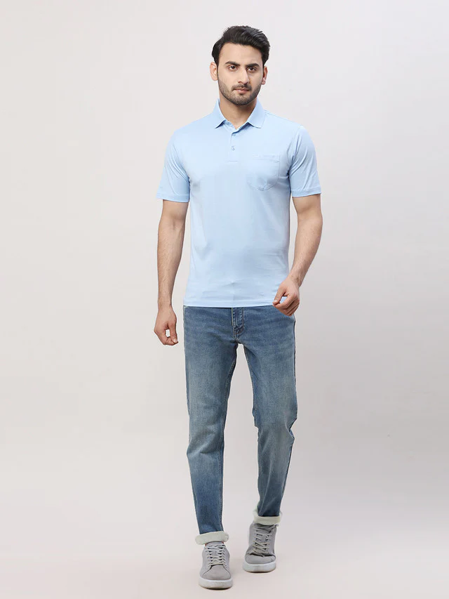 Park Avenue Men Blue Solid Slim Fit Half Sleeve Polo Neck T-Shirt - Image 5