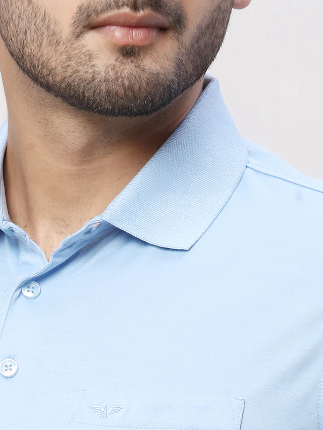 Park Avenue Men Blue Solid Slim Fit Half Sleeve Polo Neck T-Shirt - Image 6