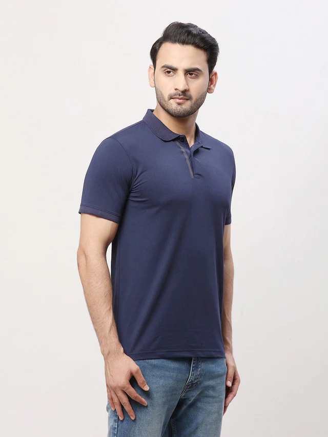 Park Avenue Men Blue Solid Slim Fit Half Sleeve Polo Neck T-Shirt - Image 2