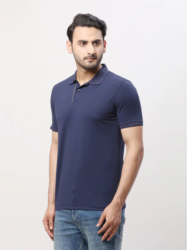 Park Avenue Men Blue Solid Slim Fit Half Sleeve Polo Neck T-Shirt - Image 3