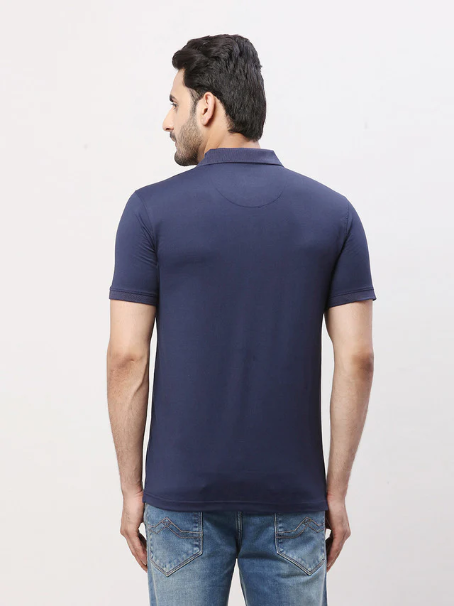 Park Avenue Men Blue Solid Slim Fit Half Sleeve Polo Neck T-Shirt - Image 4