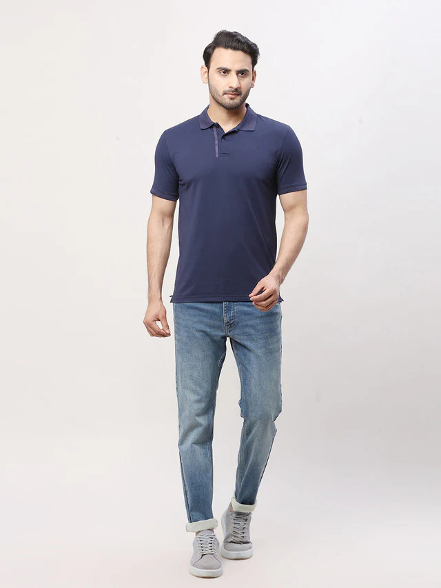 Park Avenue Men Blue Solid Slim Fit Half Sleeve Polo Neck T-Shirt - Image 5