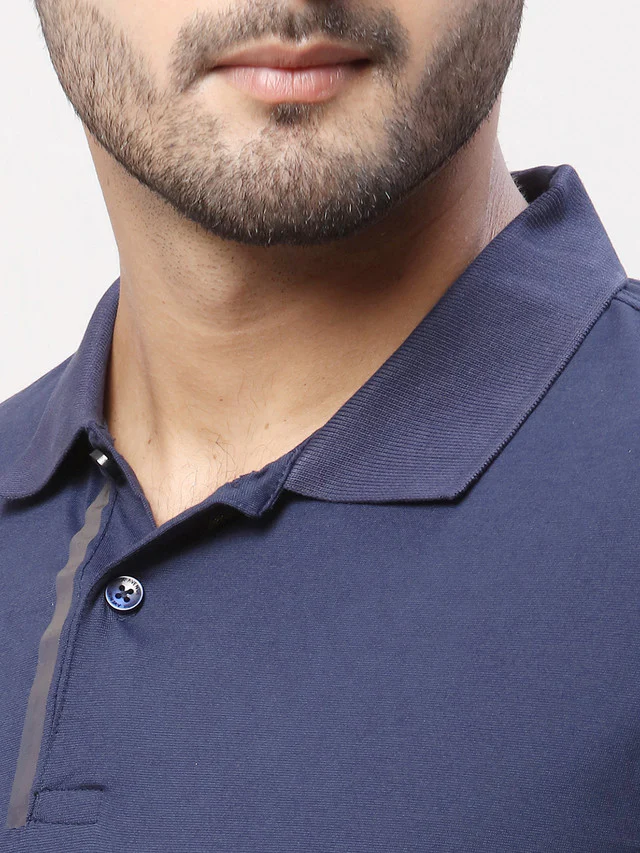 Park Avenue Men Blue Solid Slim Fit Half Sleeve Polo Neck T-Shirt - Image 6
