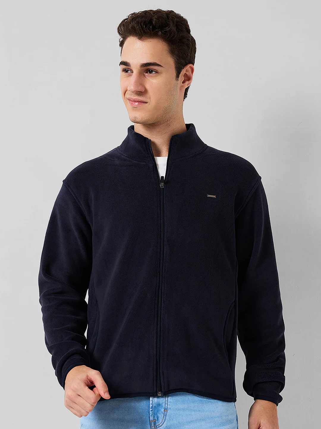 Park Avenue Men Blue Solid Slim Fit Polyester Blend Sweatshirt