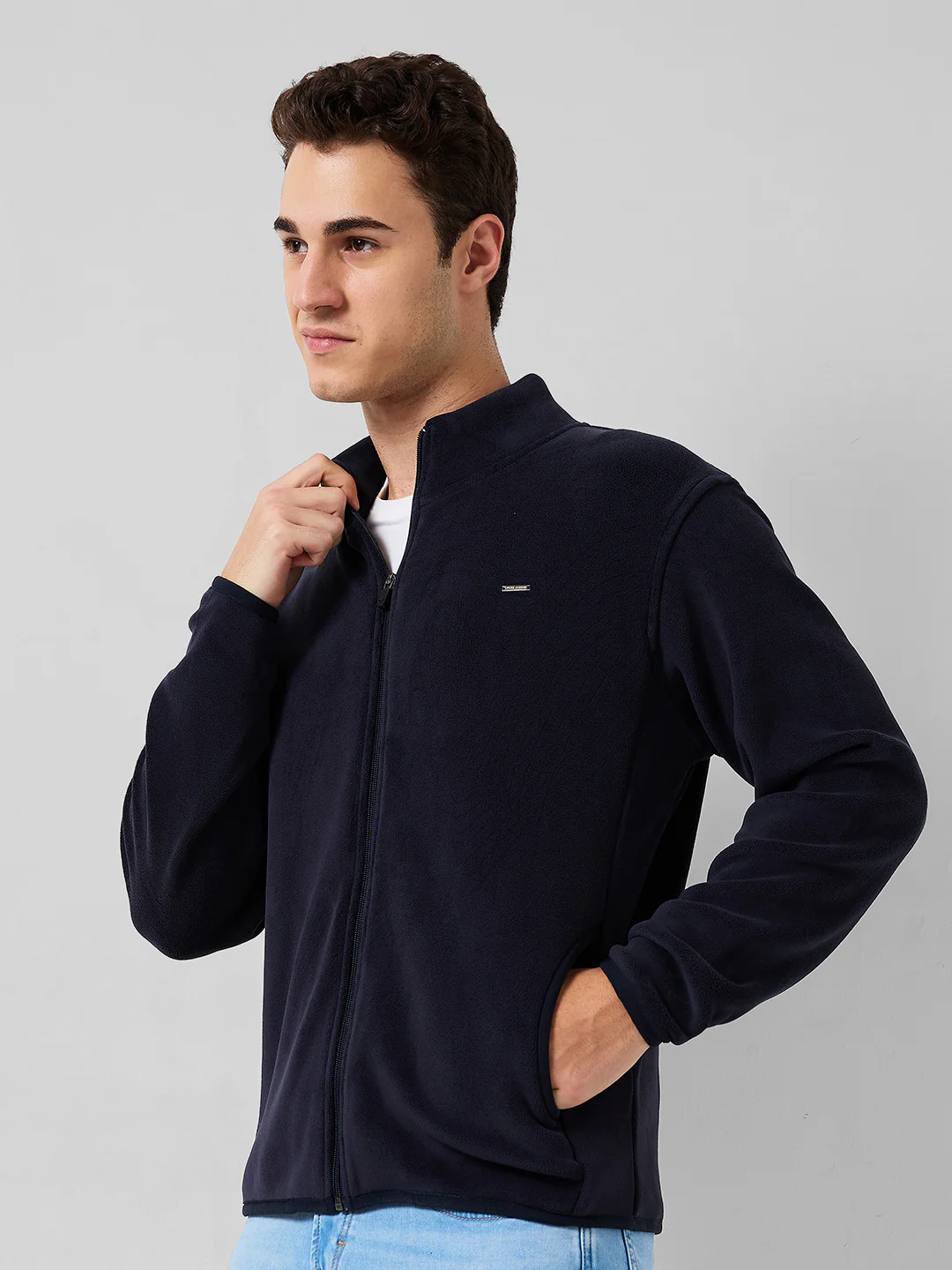 Park Avenue Men Blue Solid Slim Fit Polyester Blend Sweatshirt - Image 2