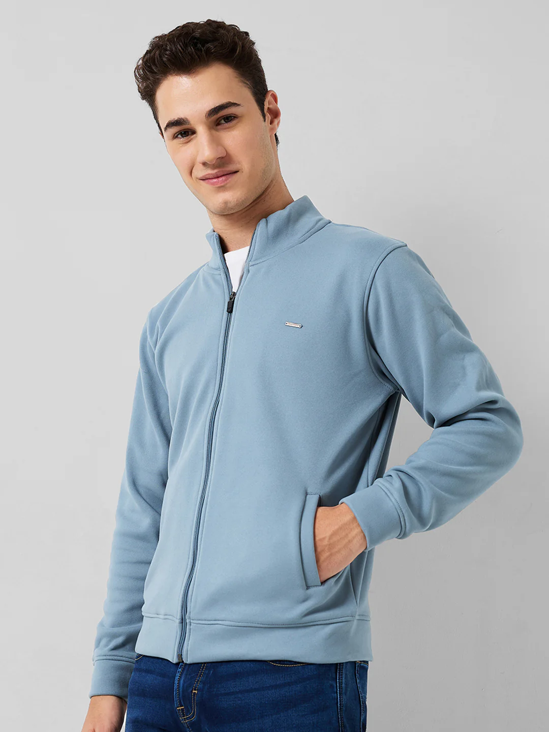 Park Avenue Men Blue Solid Slim Fit Polyester Blend Sweatshirt - Image 2
