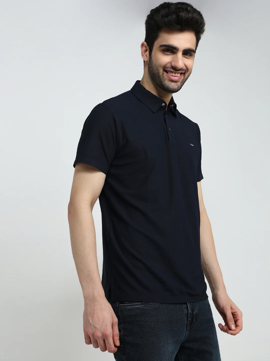 Park Avenue Men Blue Solid Slim Fit Polyester Half Sleeve T-Shirt - Image 3