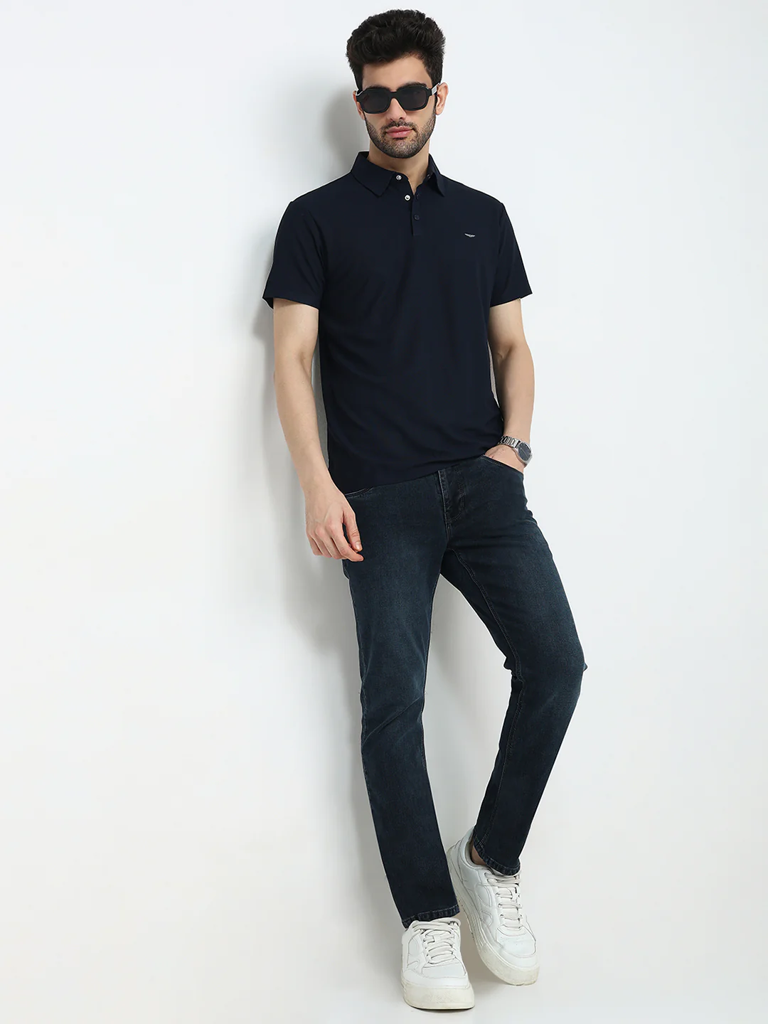 Park Avenue Men Blue Solid Slim Fit Polyester Half Sleeve T-Shirt - Image 5