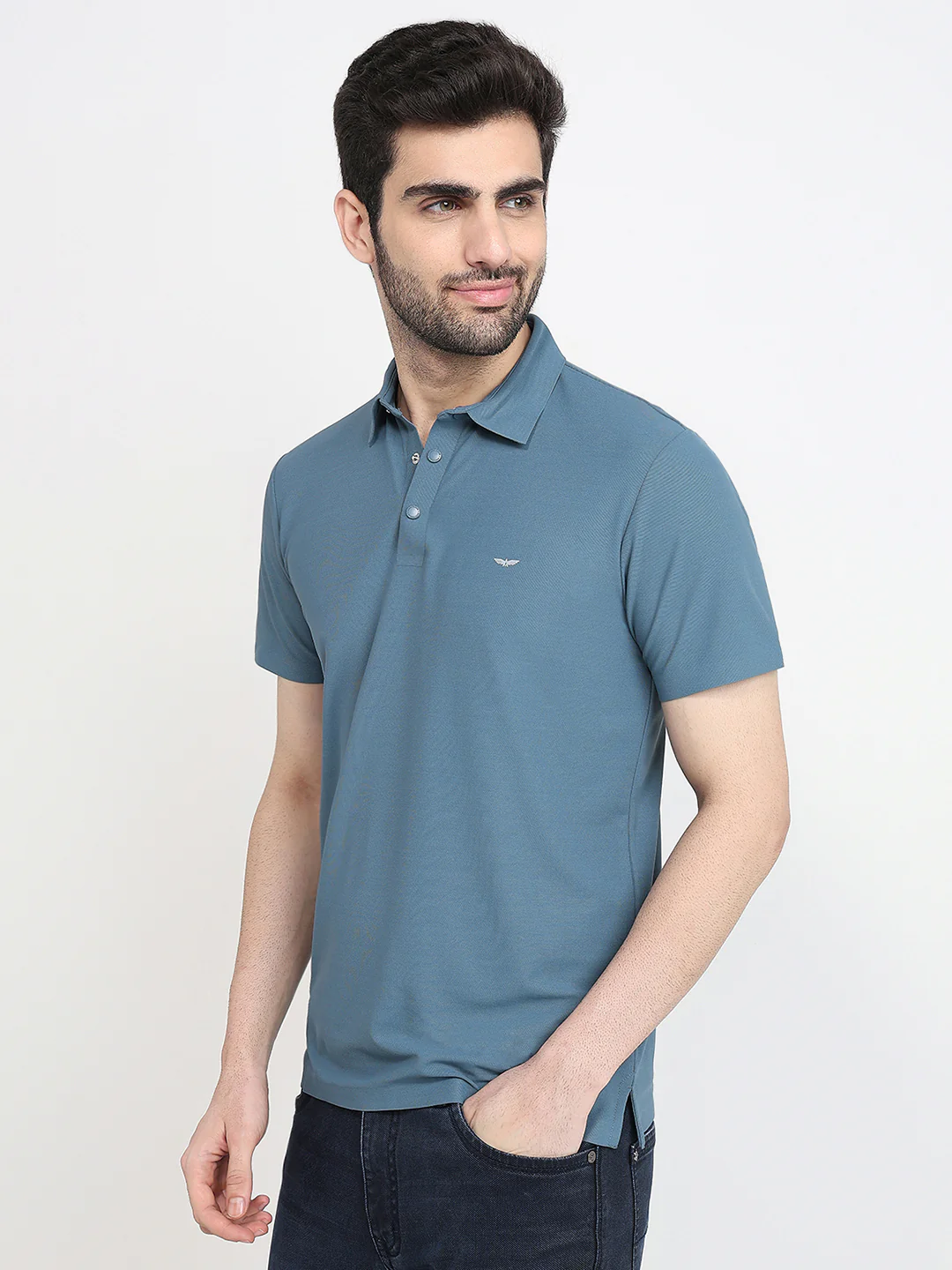Park Avenue Men Blue Solid Slim Fit Polyester Half Sleeve T-Shirt - Image 2