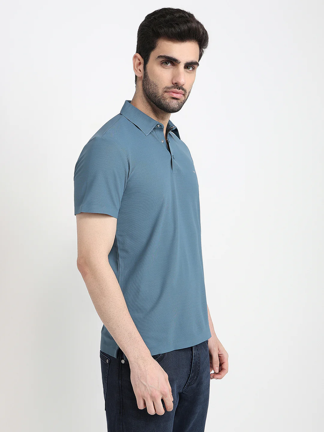 Park Avenue Men Blue Solid Slim Fit Polyester Half Sleeve T-Shirt - Image 3