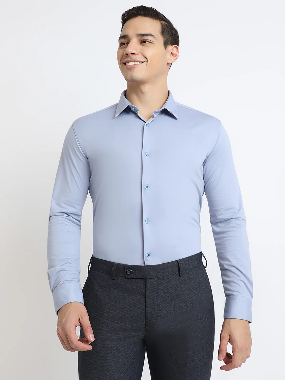Park Avenue Men Blue Solid Slim Fit Rayon Blend Shirt