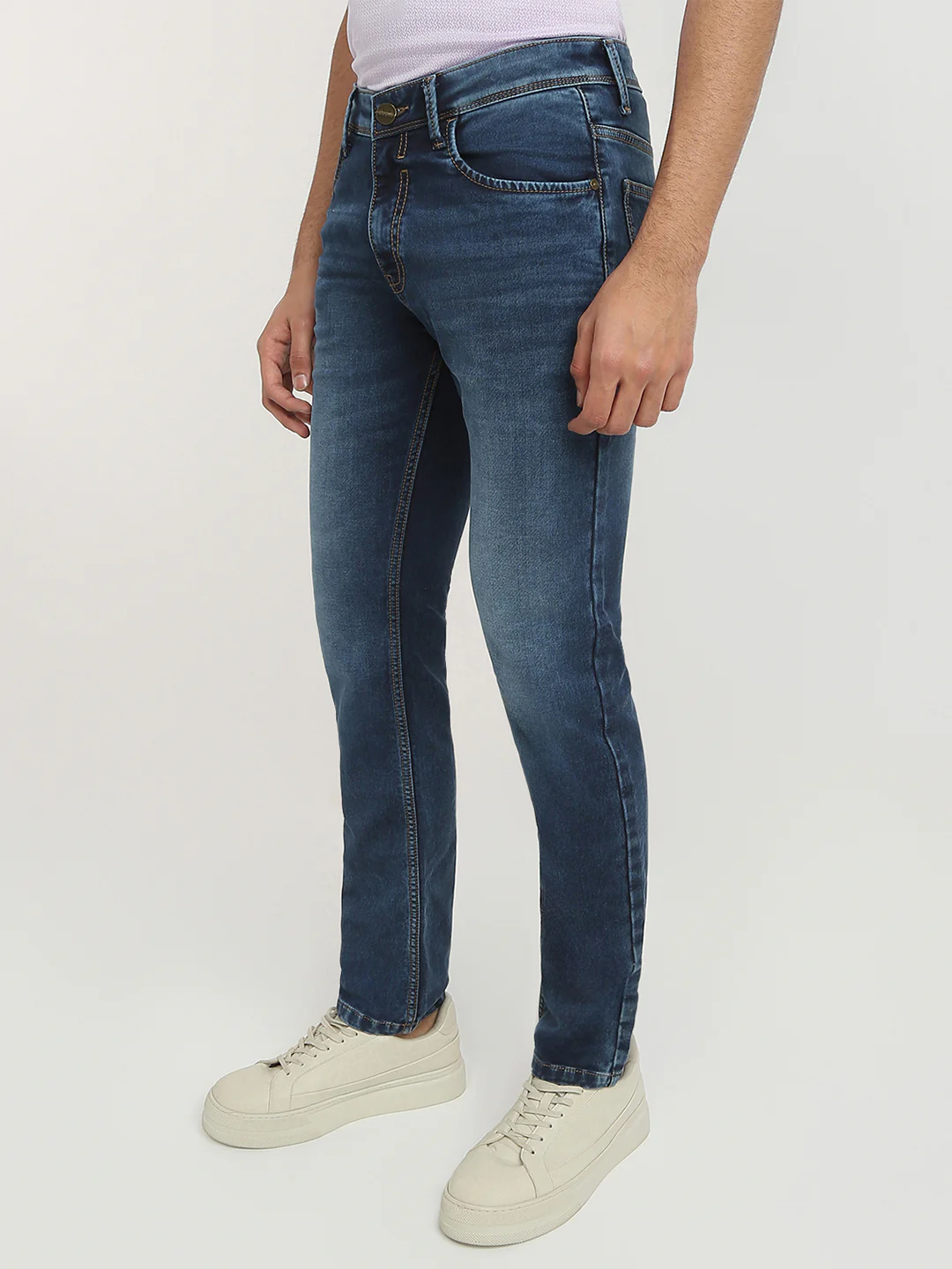 Park Avenue Men Blue Solid Super Slim Fit Cotton Blend Jeans - Image 3