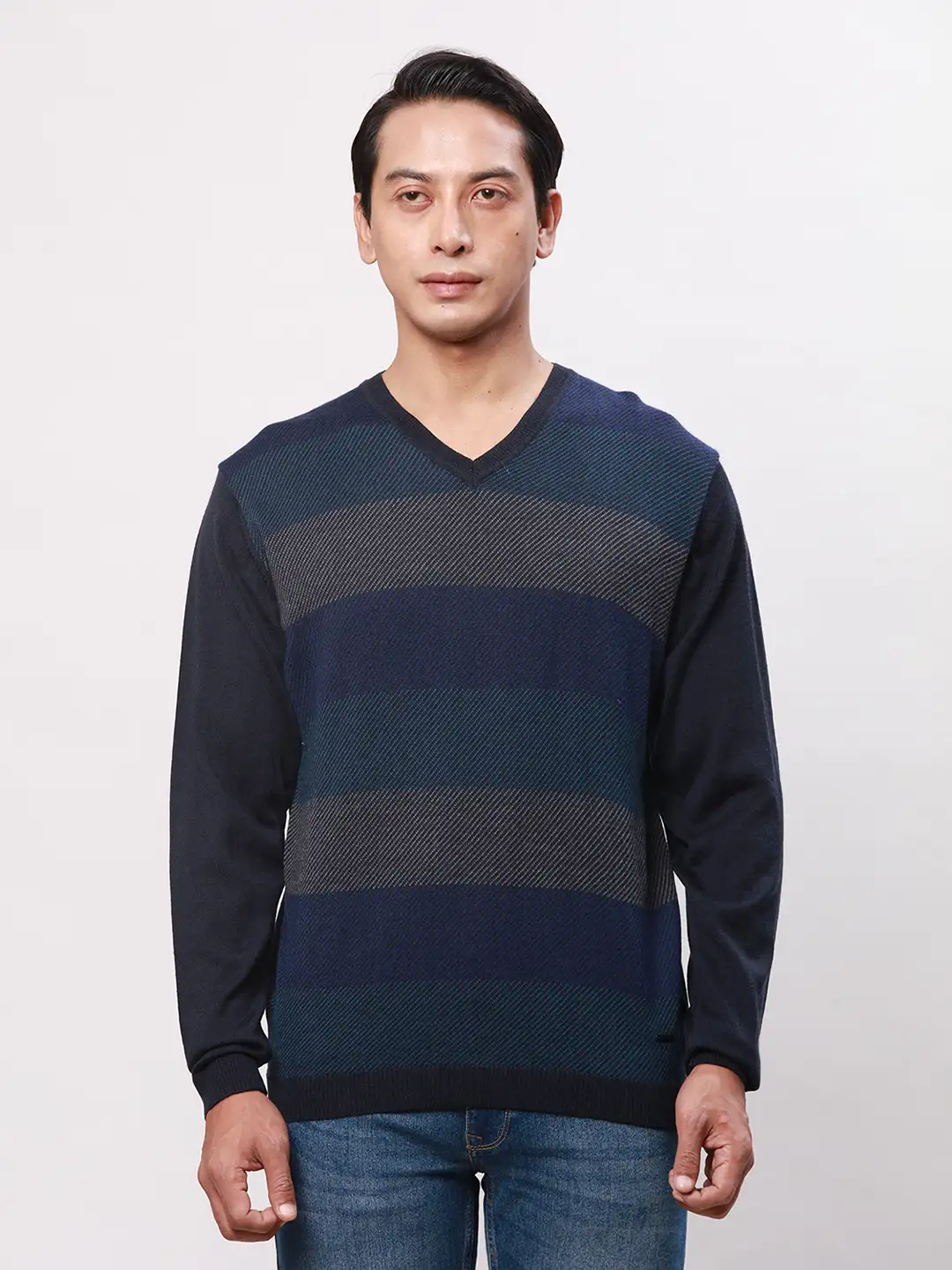 Park Avenue Men Blue Stripe Regular Acrylic Blend Full Sleeve Pullover