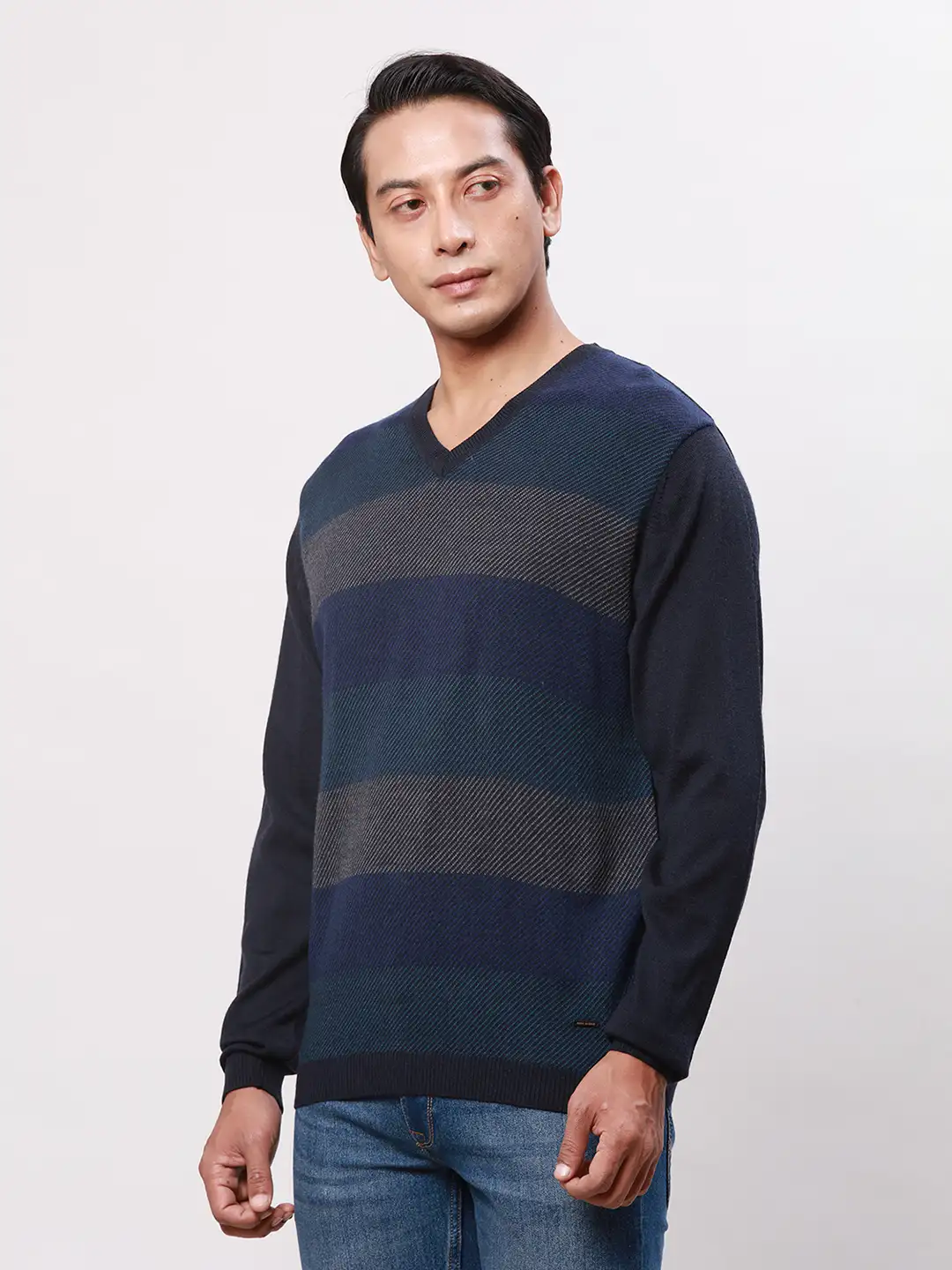 Park Avenue Men Blue Stripe Regular Acrylic Blend Full Sleeve Pullover - Image 3