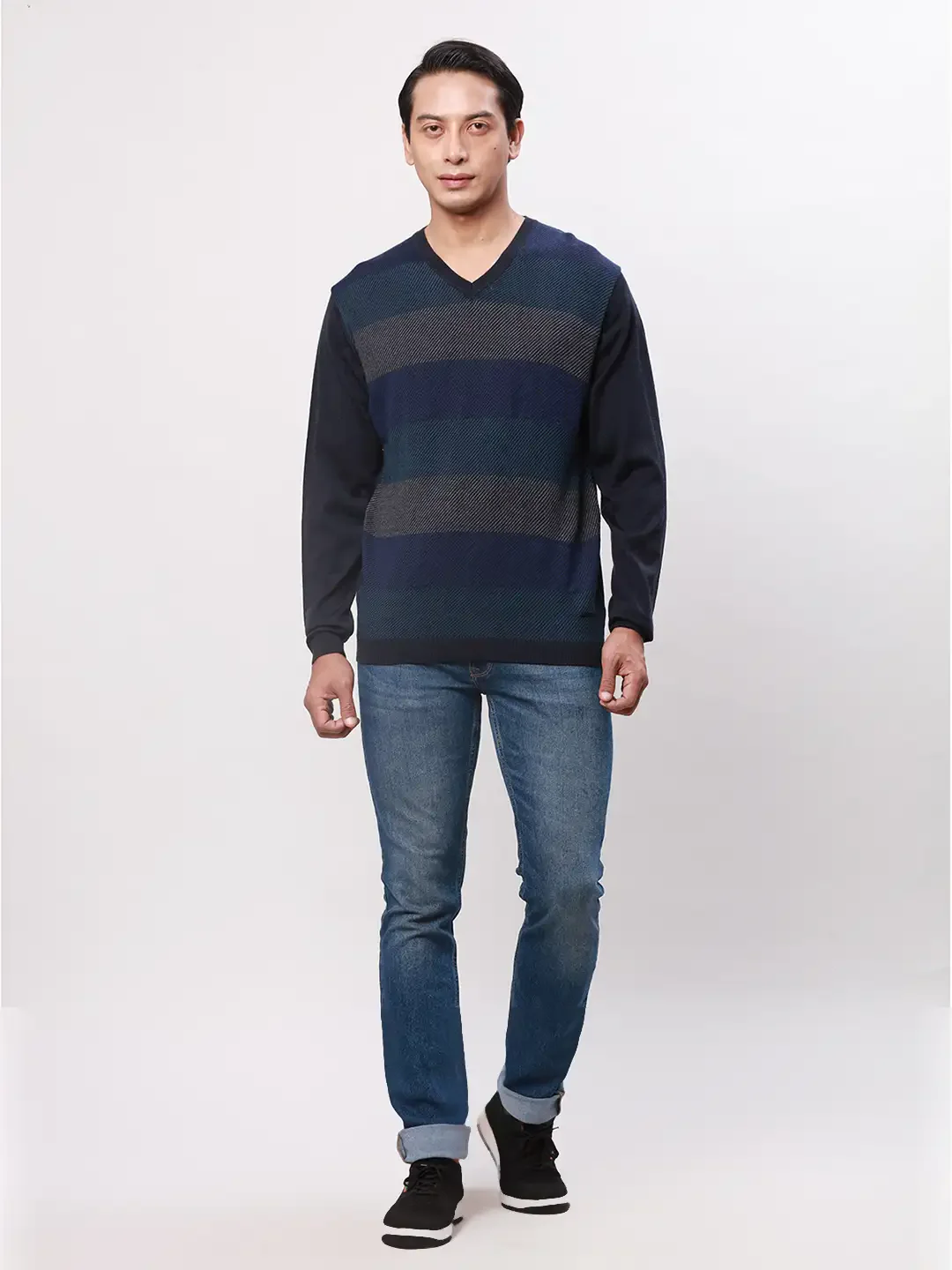 Park Avenue Men Blue Stripe Regular Acrylic Blend Full Sleeve Pullover - Image 5