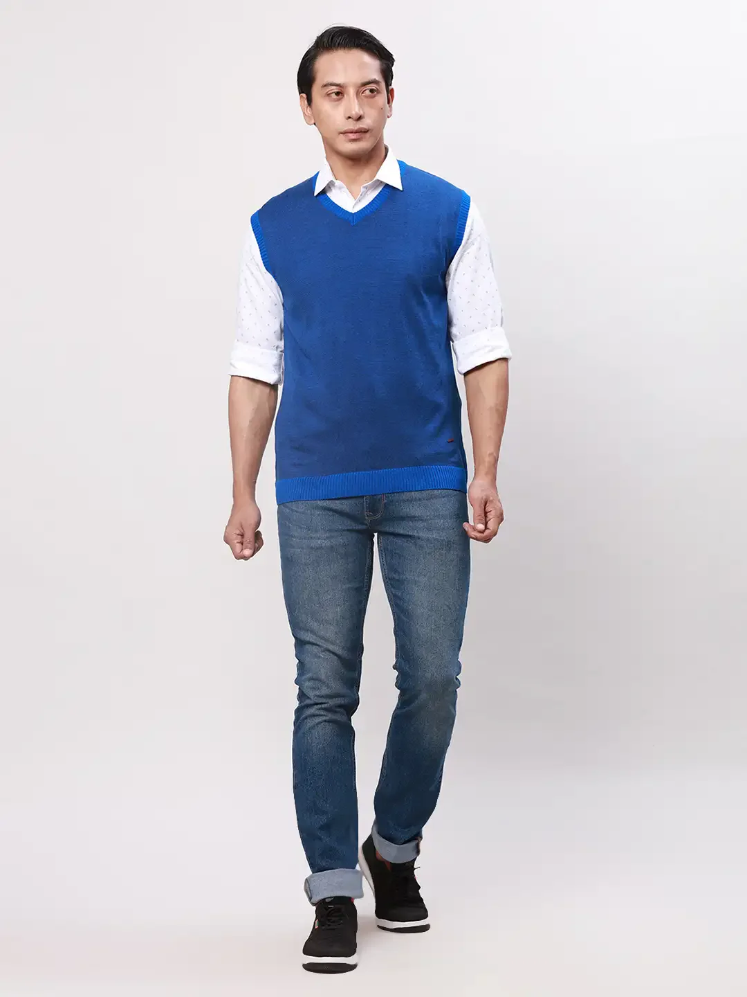 Park Avenue Men Blue Stripe Regular Acrylic Full Sleeve Pullover - Image 5