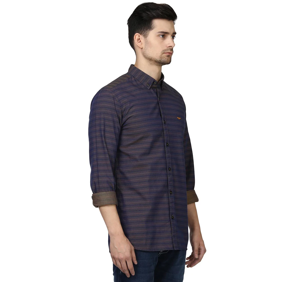 Park Avenue Men Blue Stripe Slim Fit Cotton Ainsley Collar Shirt - Image 2