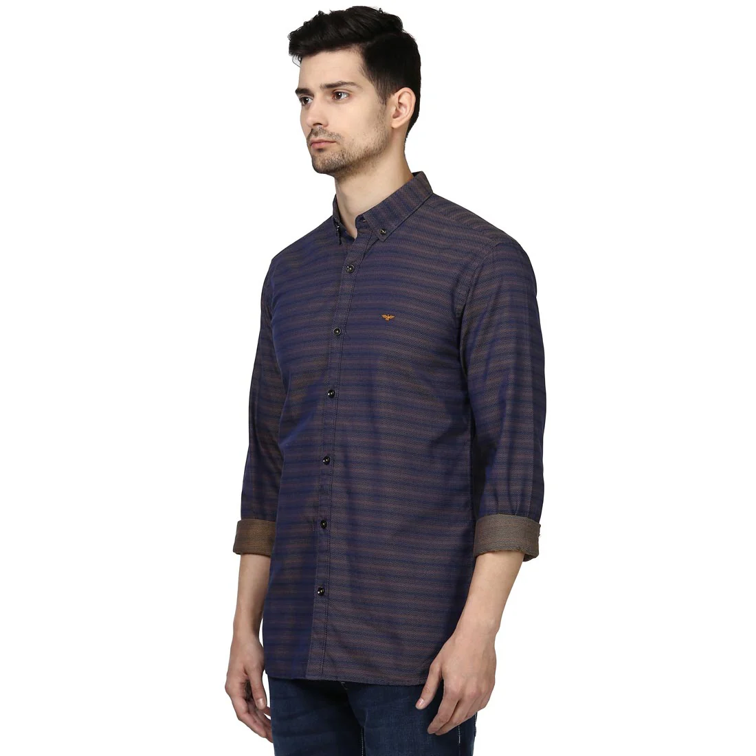 Park Avenue Men Blue Stripe Slim Fit Cotton Ainsley Collar Shirt - Image 3