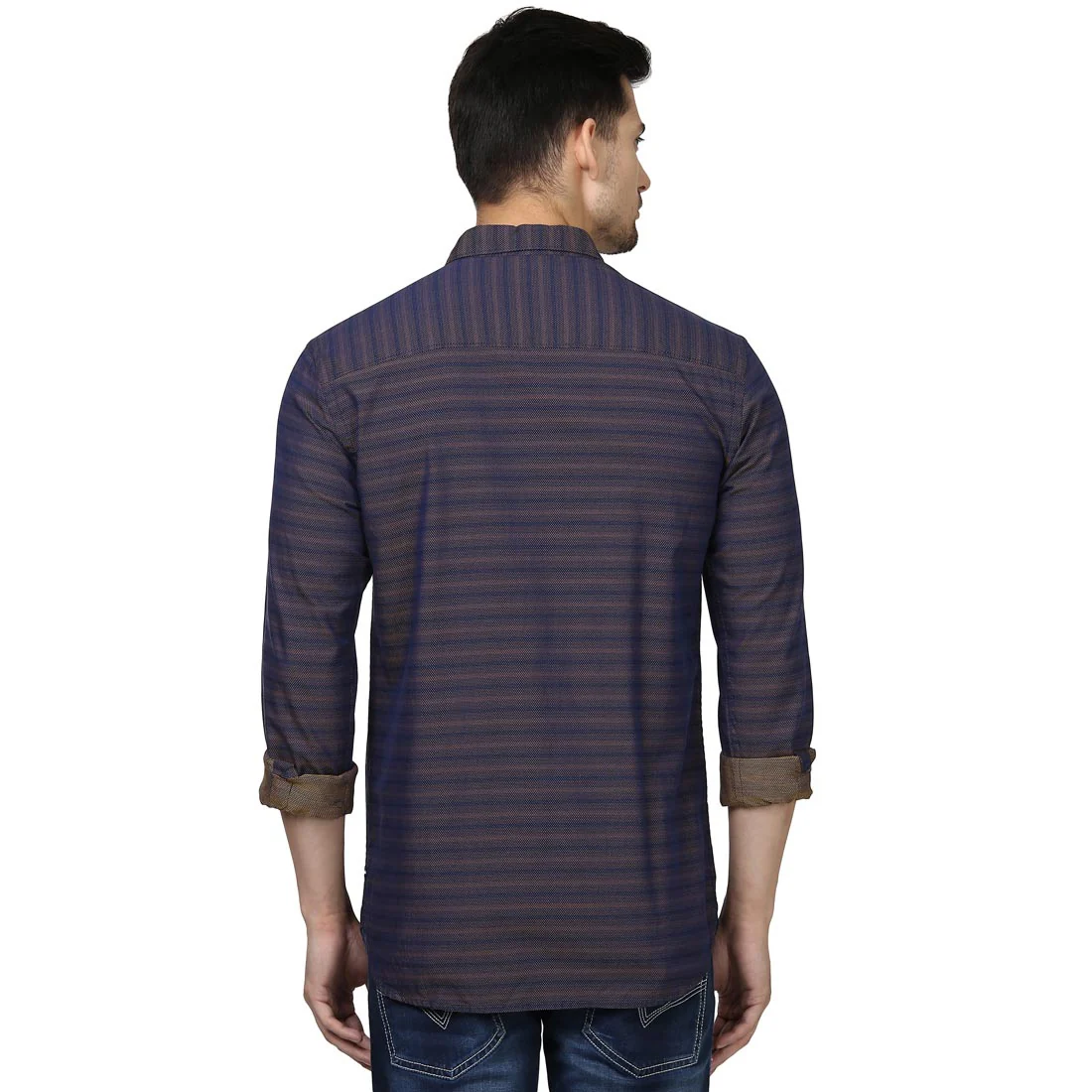 Park Avenue Men Blue Stripe Slim Fit Cotton Ainsley Collar Shirt - Image 4