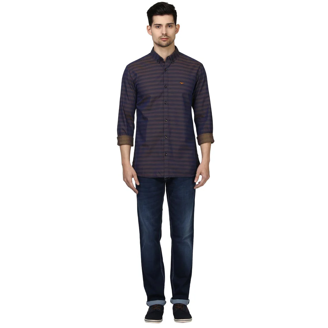 Park Avenue Men Blue Stripe Slim Fit Cotton Ainsley Collar Shirt - Image 5