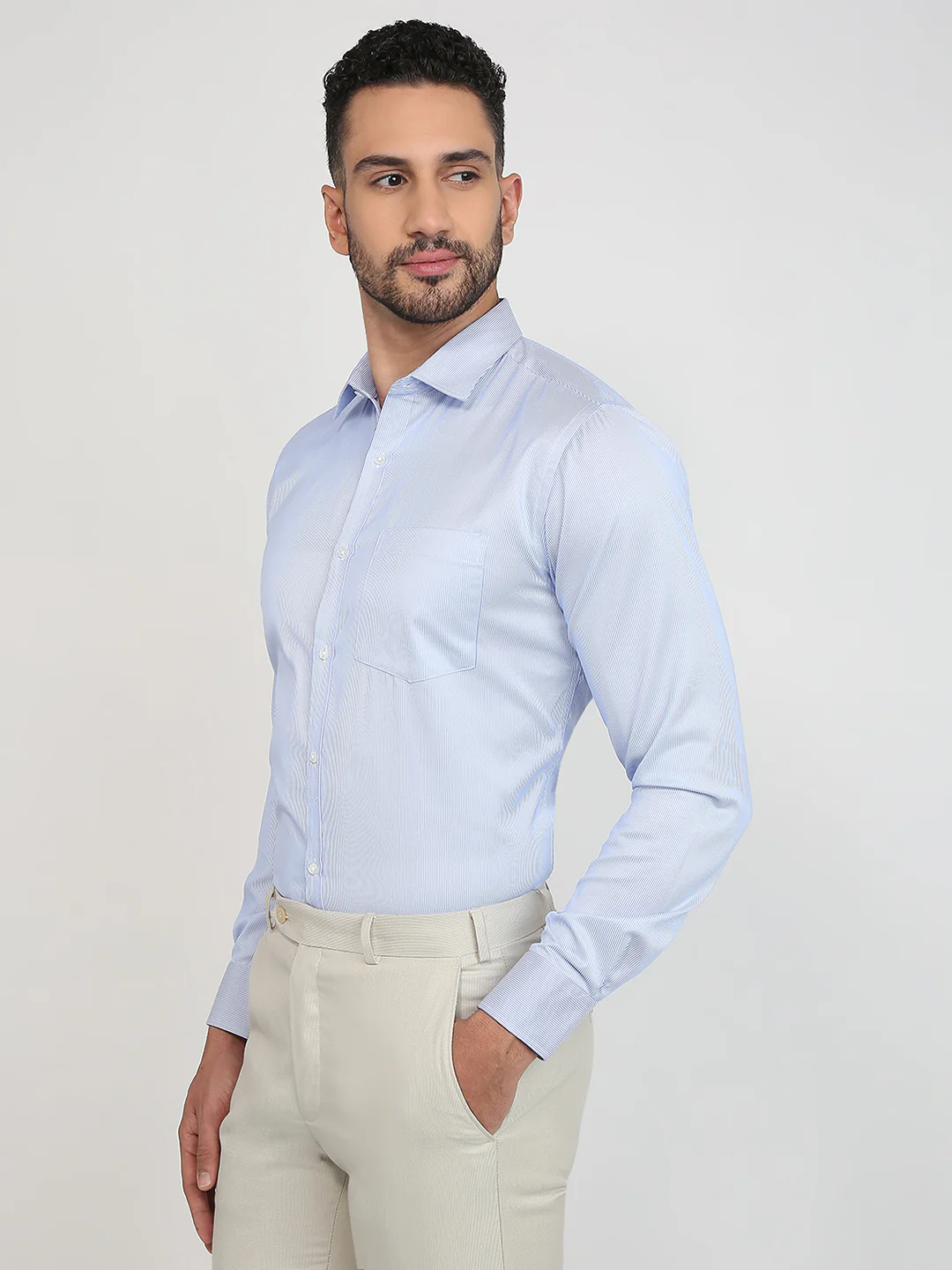 Park Avenue Men Blue Stripe Slim Fit Cotton Blend Formal Shirt - Image 2