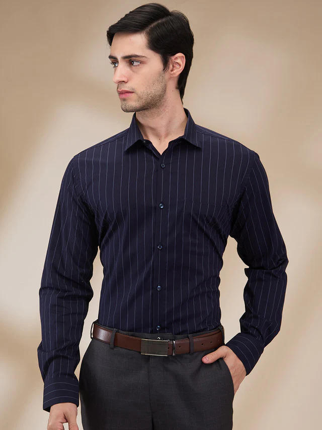 Park Avenue Men Blue Stripe Slim Fit Cotton Blend Formal Shirt