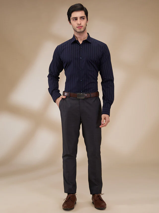 Park Avenue Men Blue Stripe Slim Fit Cotton Blend Formal Shirt - Image 2