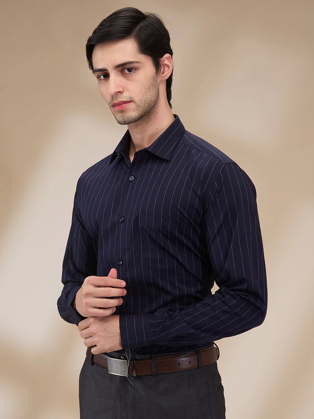 Park Avenue Men Blue Stripe Slim Fit Cotton Blend Formal Shirt - Image 3