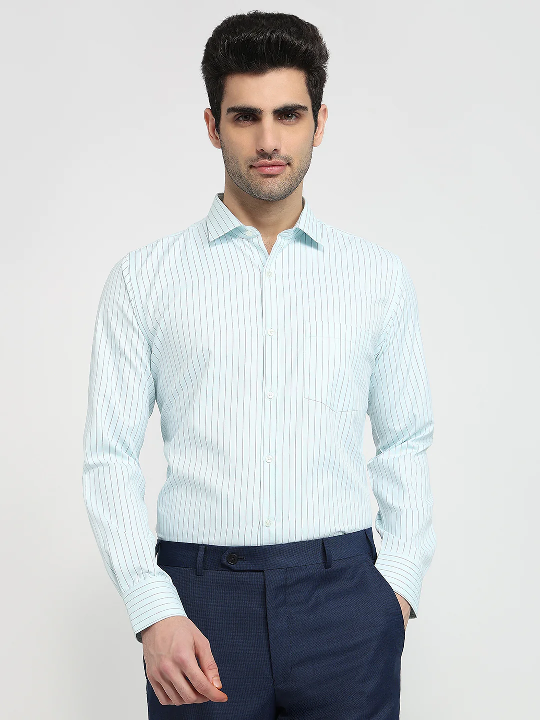 Park Avenue Men Blue Stripe Slim Fit Cotton Blend Formal Shirt