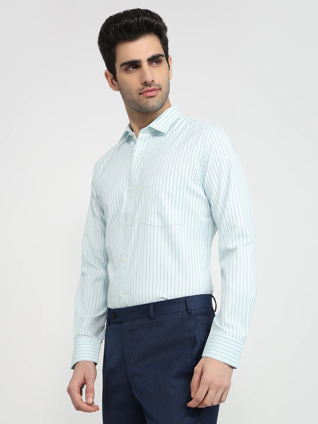 Park Avenue Men Blue Stripe Slim Fit Cotton Blend Formal Shirt - Image 2