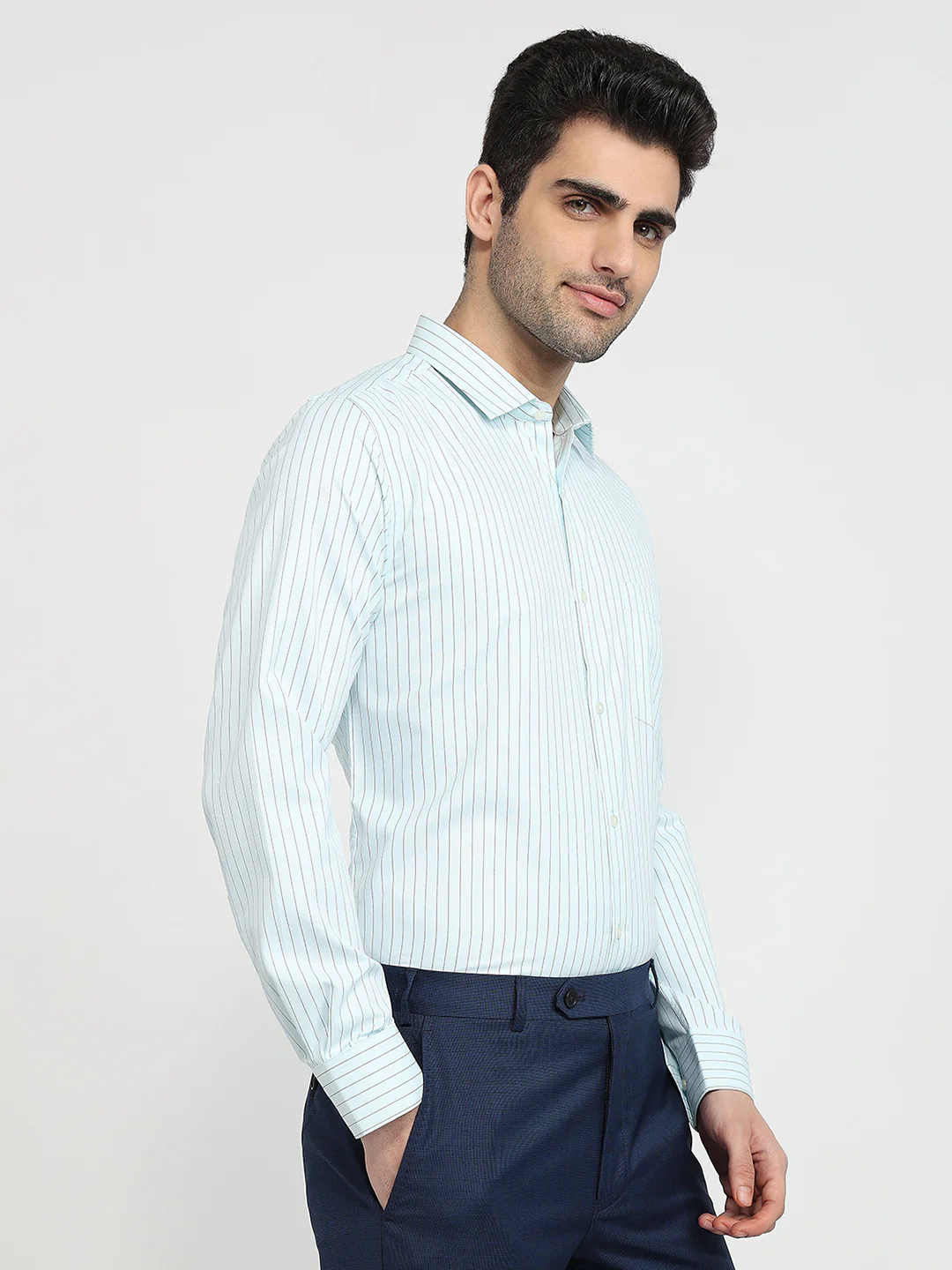 Park Avenue Men Blue Stripe Slim Fit Cotton Blend Formal Shirt - Image 3