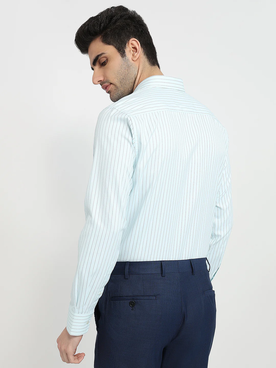 Park Avenue Men Blue Stripe Slim Fit Cotton Blend Formal Shirt - Image 4