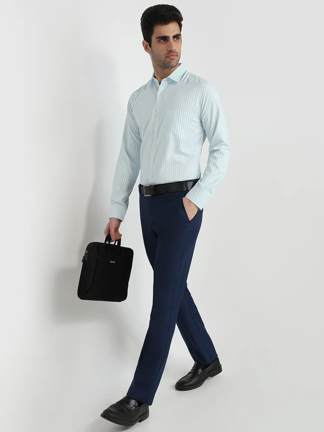 Park Avenue Men Blue Stripe Slim Fit Cotton Blend Formal Shirt - Image 5