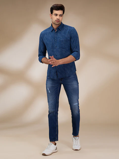 Park Avenue Men Blue Stripe Slim Fit Cotton Shirt - Image 2