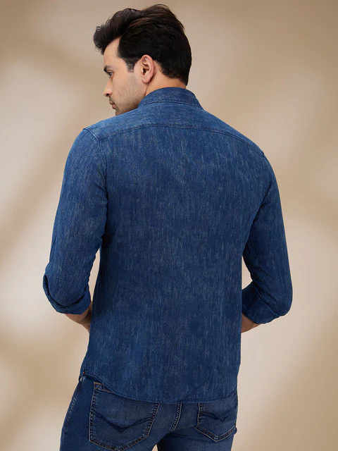Park Avenue Men Blue Stripe Slim Fit Cotton Shirt - Image 4