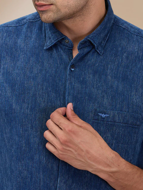 Park Avenue Men Blue Stripe Slim Fit Cotton Shirt - Image 5