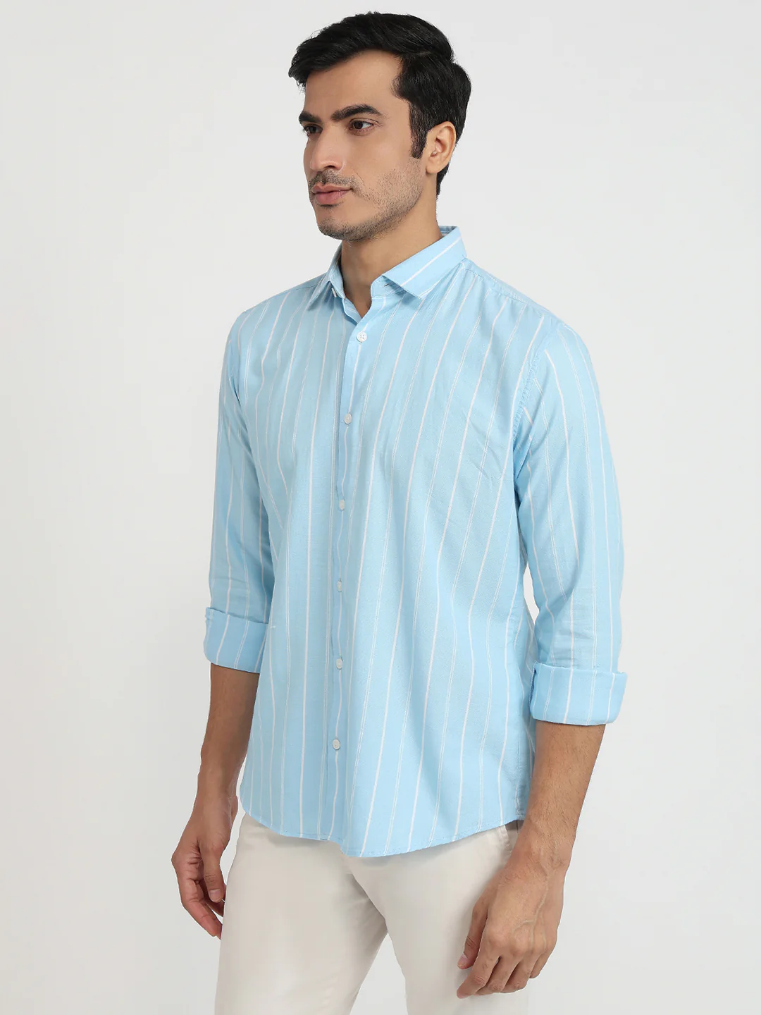 Park Avenue Men Blue Stripe Slim Fit Cotton Shirt - Image 2