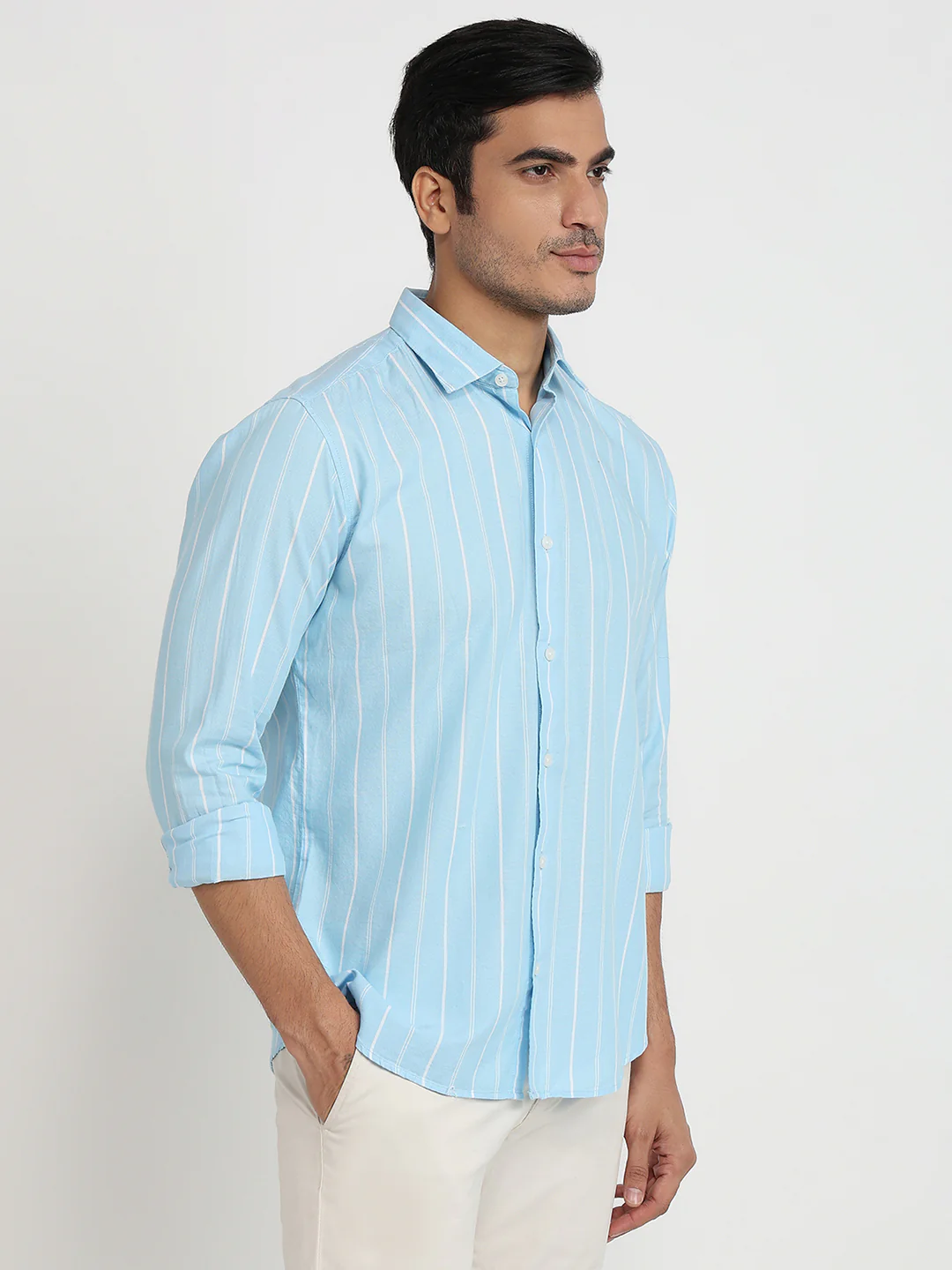 Park Avenue Men Blue Stripe Slim Fit Cotton Shirt - Image 3