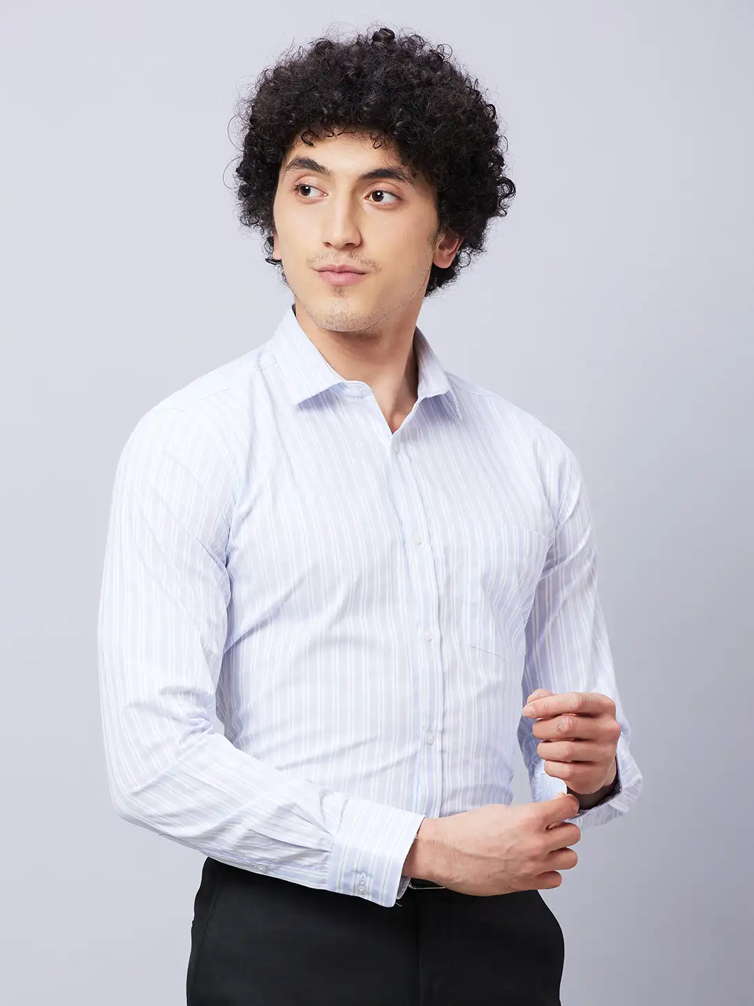 Park Avenue Men Blue Stripe Slim Fit Cotton Shirts - Image 2
