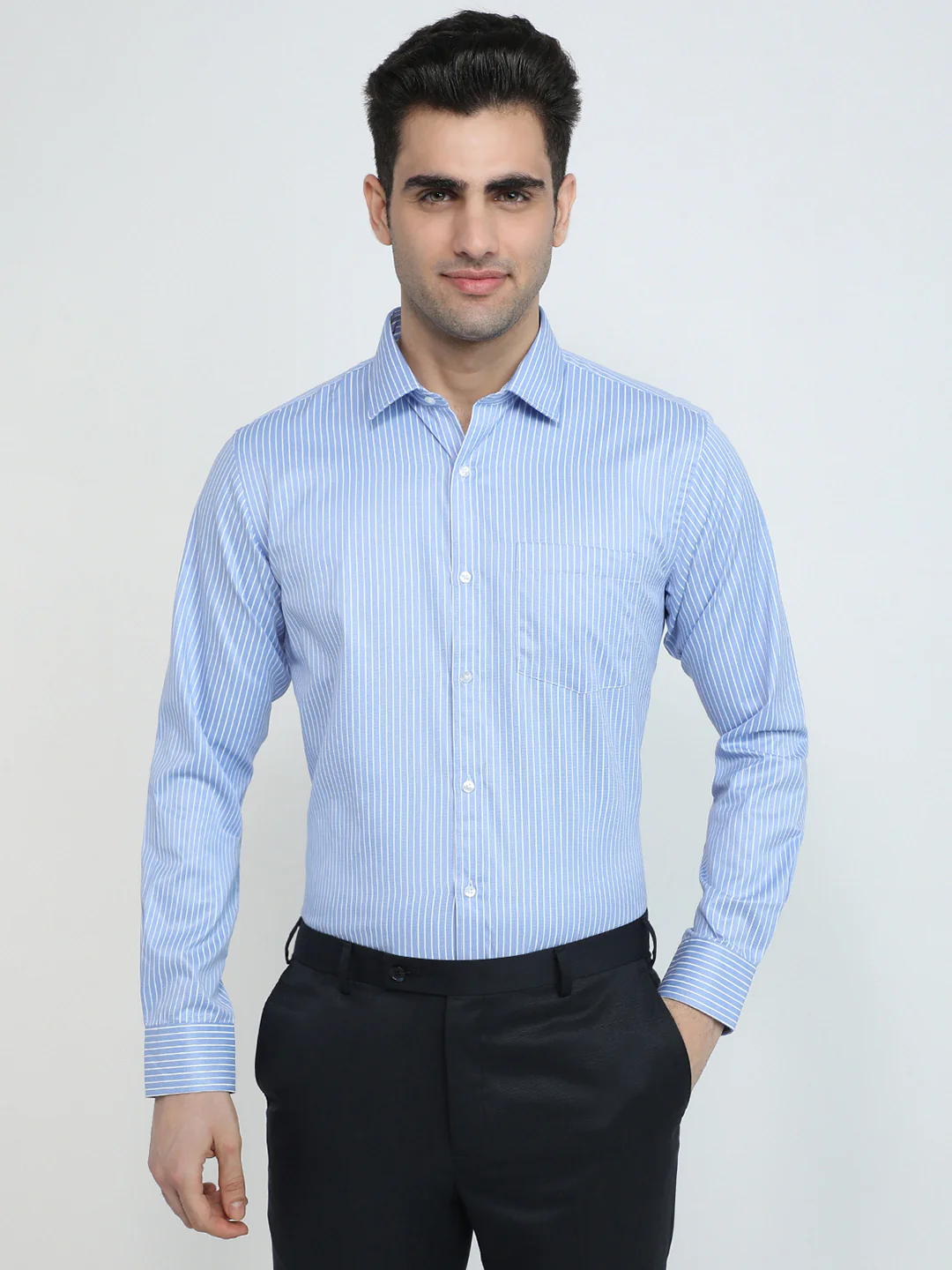 Park Avenue Men Blue Stripe Slim Fit Polyester Blend Formal Shirt