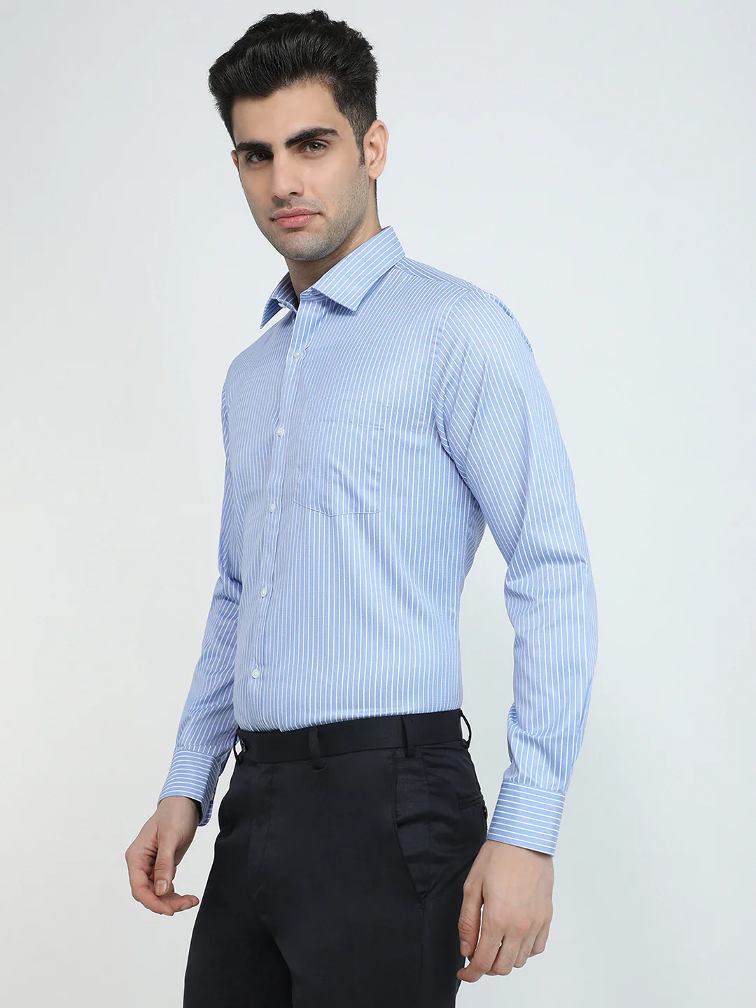 Park Avenue Men Blue Stripe Slim Fit Polyester Blend Formal Shirt - Image 2