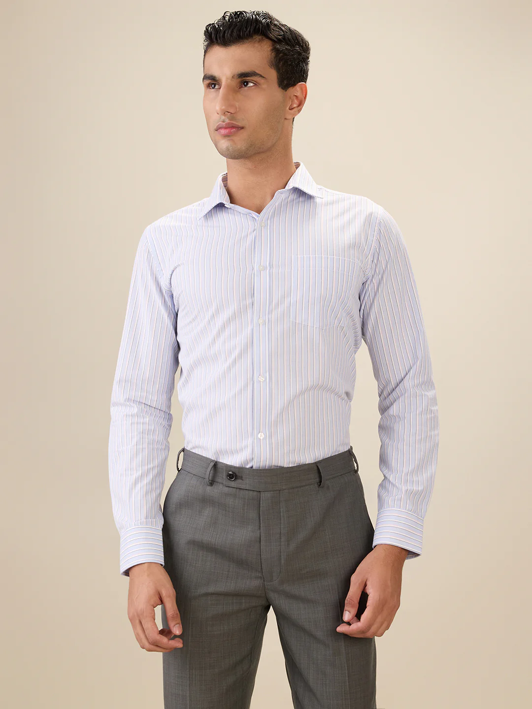 Park Avenue Men Blue Stripe Slim Fit Polyester Blend Formal Shirt