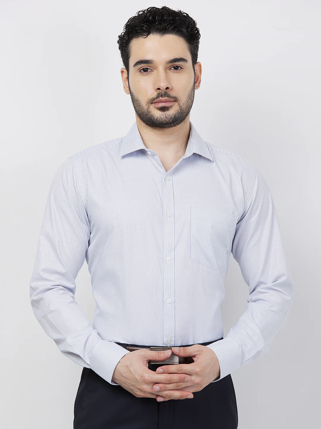 Park Avenue Men Blue Stripe Slim Fit Polyester Blend Shirt