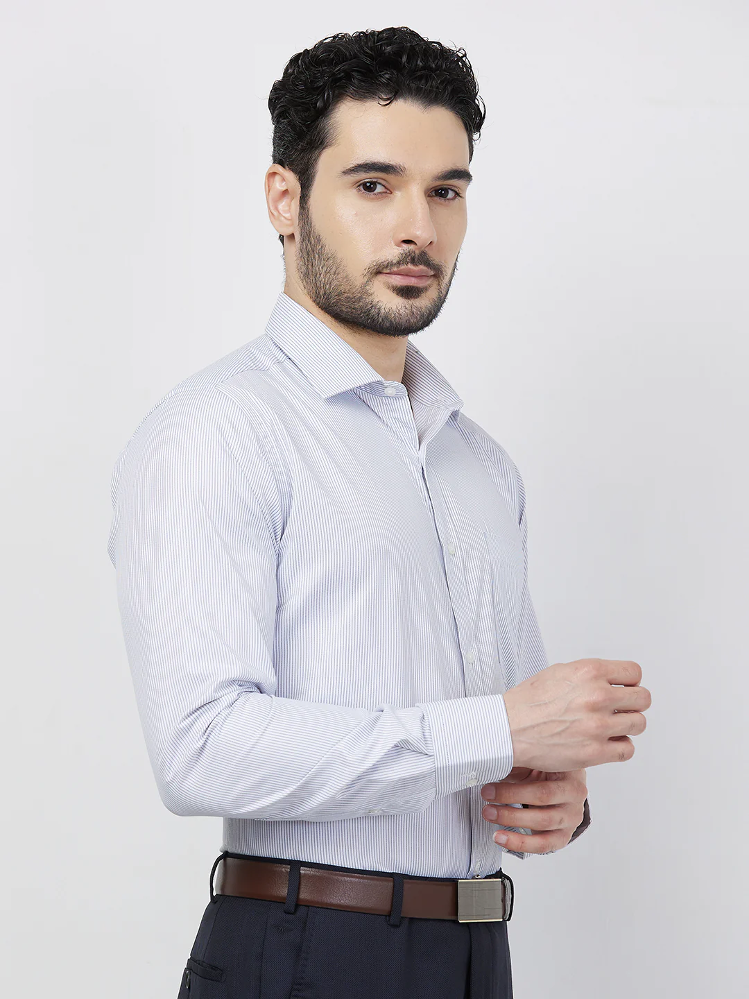 Park Avenue Men Blue Stripe Slim Fit Polyester Blend Shirt - Image 2