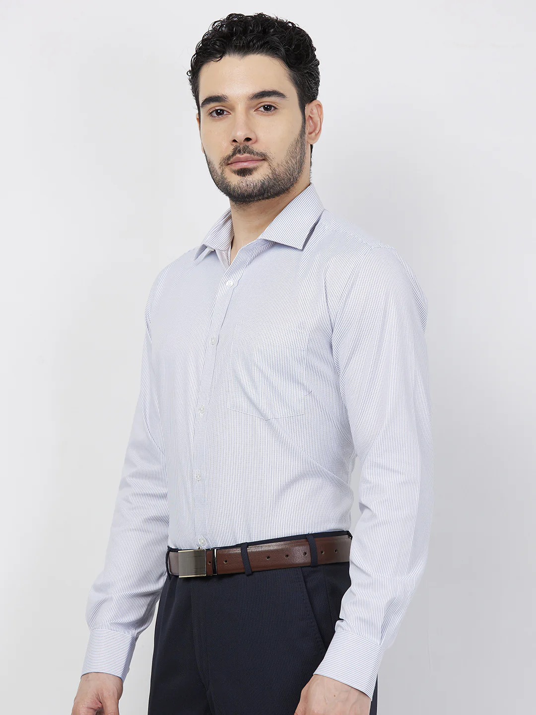 Park Avenue Men Blue Stripe Slim Fit Polyester Blend Shirt - Image 3