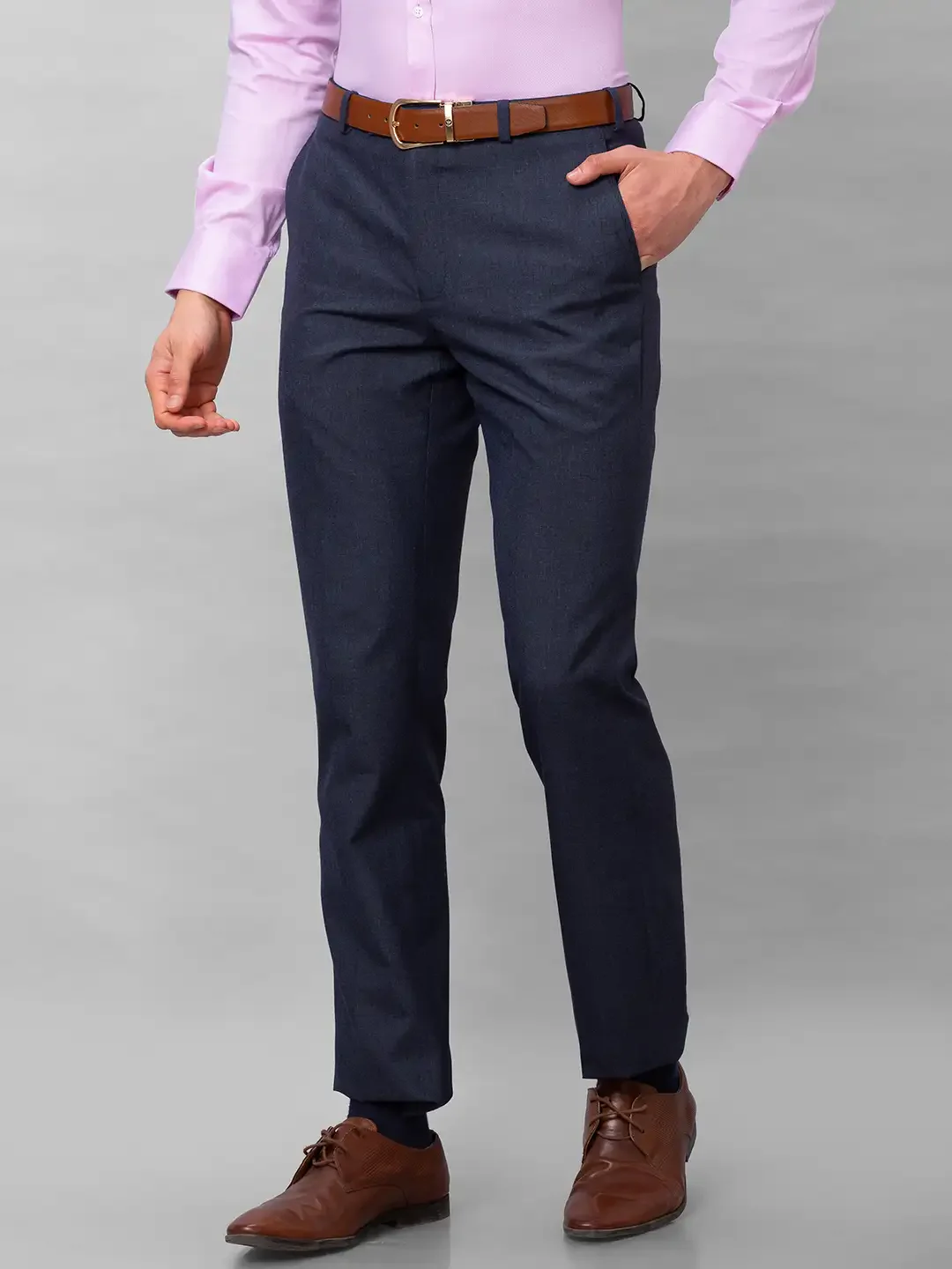 Park Avenue Men Blue Stripe Smart Fit Polyester Blend Trousers - Image 3